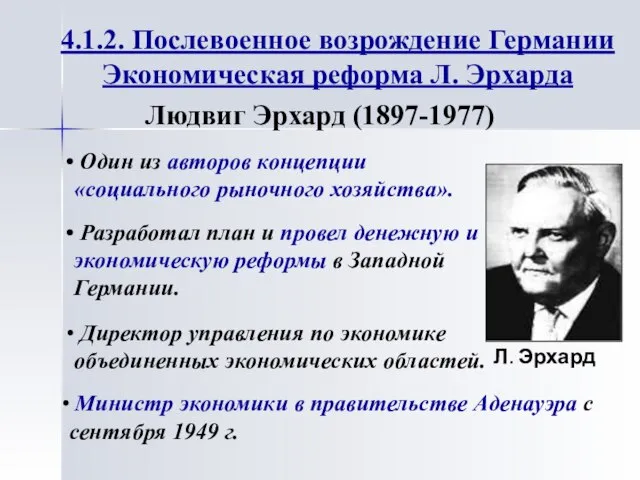 Людвиг Эрхард (1897-1977) Л. Эрхард Разработал план и провел денежную и экономическую