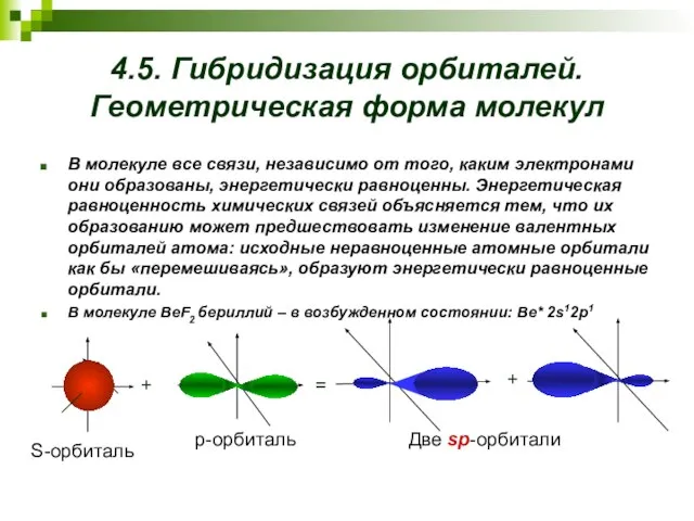 4.5. Гибридизация орбиталей. Геометрическая форма молекул В молекуле все связи, независимо от