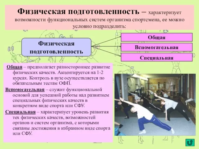 Физическая подготовленность – характеризует возможности функциональных систем организма спортсмена, ее можно условно