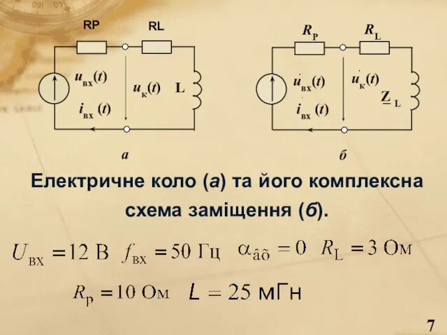 Електричне коло (а) та його комплексна схема заміщення (б).