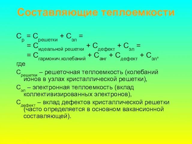 Составляющие теплоемкости Cp = Cрешетки + Сэл = = Сидеальной решетки +