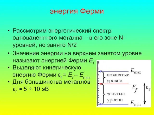 энергия Ферми Рассмотрим энергетический спектр одновалентного металла – в его зоне N-уровней,