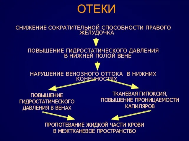 ОТЕКИ СНИЖЕНИЕ СОКРАТИТЕЛЬНОЙ СПОСОБНОСТИ ПРАВОГО ЖЕЛУДОЧКА ПОВЫШЕНИЕ ГИДРОСТАТИЧЕСКОГО ДАВЛЕНИЯ В НИЖНЕЙ ПОЛОЙ