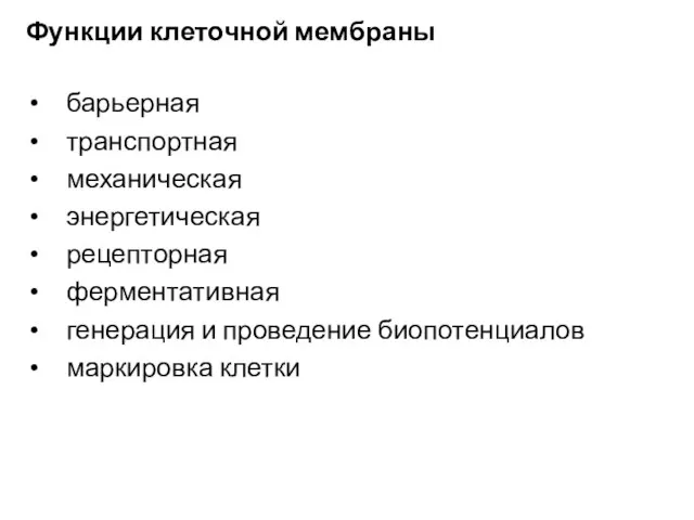 Функции клеточной мембраны барьерная транспортная механическая энергетическая рецепторная ферментативная генерация и проведение биопотенциалов маркировка клетки