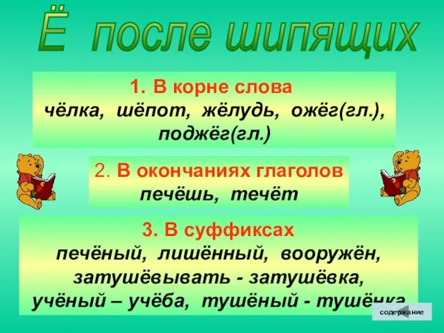 Ё после шипящих В корне слова чёлка, шёпот, жёлудь, ожёг(гл.), поджёг(гл.) 2.