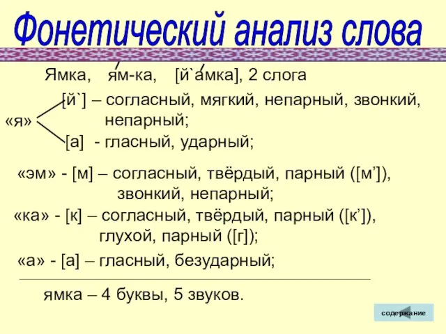 Фонетический анализ слова Ямка, [й`] – согласный, мягкий, непарный, звонкий, непарный; [а]