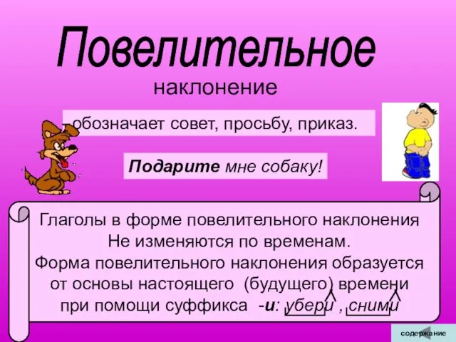 Повелительное наклонение обозначает совет, просьбу, приказ. Подарите мне собаку! содержание