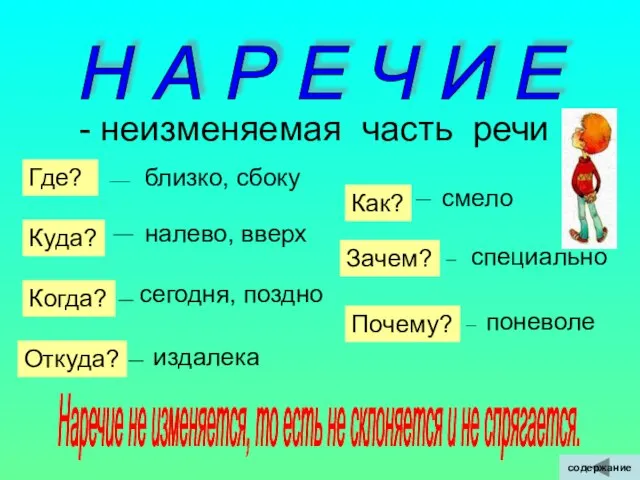 Н А Р Е Ч И Е - неизменяемая часть речи Где?