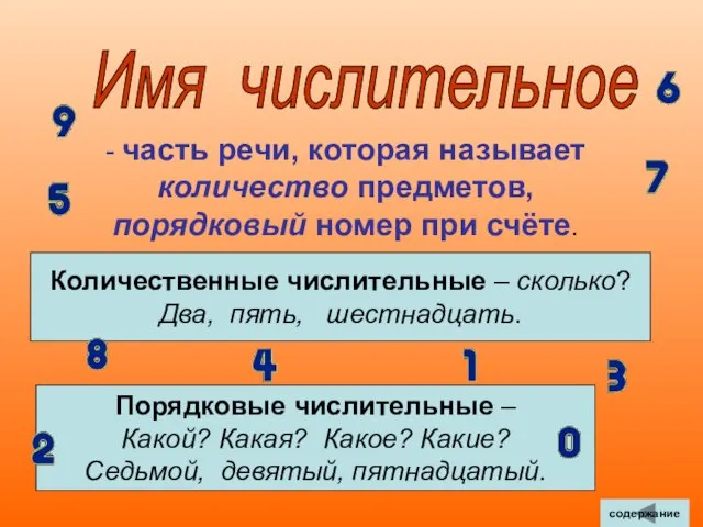 Имя числительное - часть речи, которая называет количество предметов, порядковый номер при