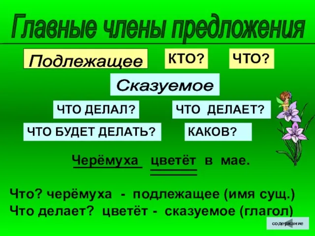 Черёмуха цветёт в мае. Что? черёмуха - подлежащее (имя сущ.) Что делает?