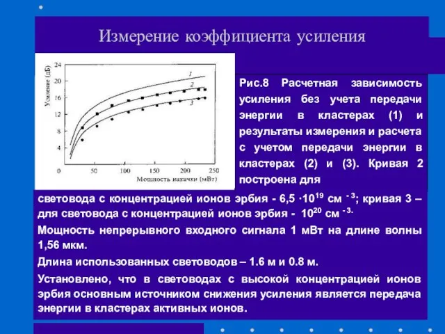 Измерение коэффициента усиления Рис.8 Расчетная зависимость усиления без учета передачи энергии в