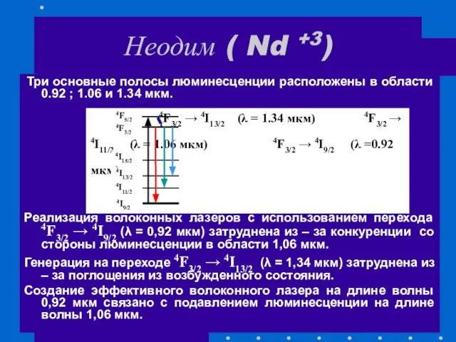 Неодим ( Nd +3) Три основные полосы люминесценции расположены в области 0.92