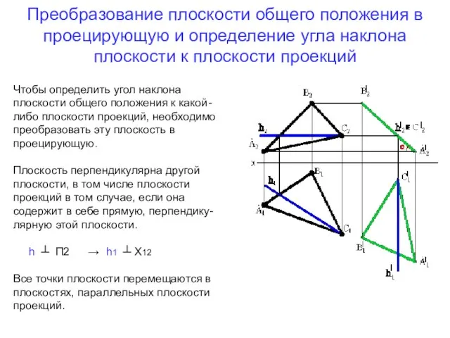 Преобразование плоскости общего положения в проецирующую и определение угла наклона плоскости к