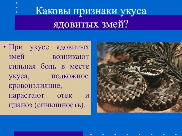 Каковы признаки укуса ядовитых змей? При укусе ядовитых змей возникают сильная боль