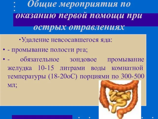 Общие мероприятия по оказанию первой помощи при острых отравлениях Удаление невсосавшегося яда: