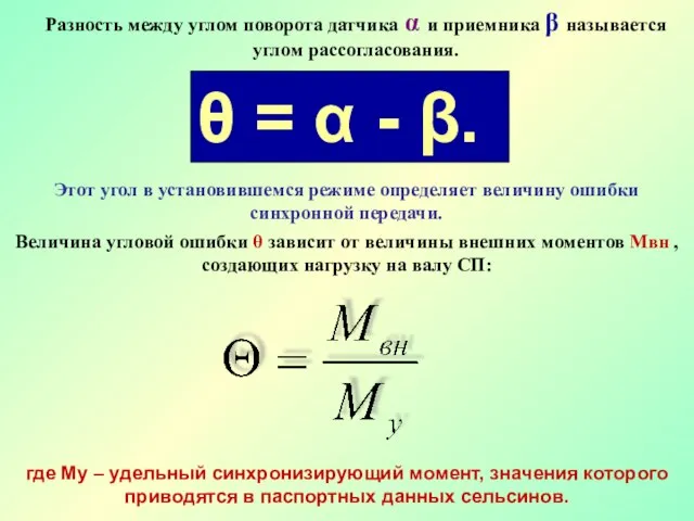 Разность между углом поворота датчика α и приемника β называется углом рассогласования.