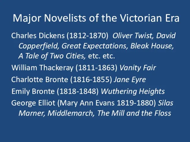 Major Novelists of the Victorian Era Charles Dickens (1812-1870) Oliver Twist, David