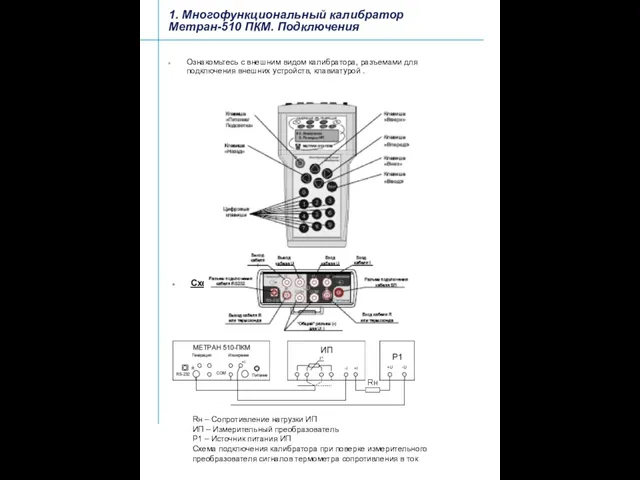 1. Многофункциональный калибратор Метран-510 ПКМ. Подключения Схема соединений: Rн – Сопротивление нагрузки