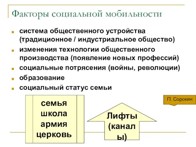 Факторы социальной мобильности система общественного устройства (традиционное / индустриальное общество) изменения технологии