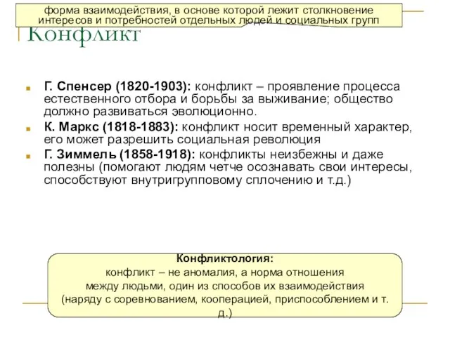 Конфликт Г. Спенсер (1820-1903): конфликт – проявление процесса естественного отбора и борьбы