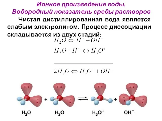 Ионное произведение воды. Водородный показатель среды растворов Чистая дистиллированная вода является слабым