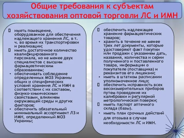 Общие требования к субъектам хозяйствования оптовой торговли ЛС и ИМН обеспечить надлежащее