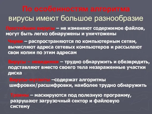 По особенностям алгоритма вирусы имеют большое разнообразие Простейшие вирусы – не изменяют