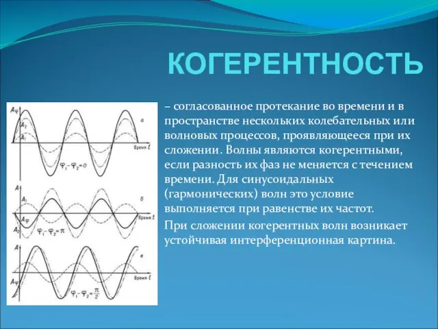 КОГЕРЕНТНОСТЬ – согласованное протекание во времени и в пространстве нескольких колебательных или