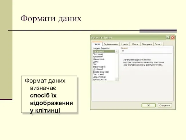 Формати даних Формат даних визначає спосіб їх відображення у клітинці