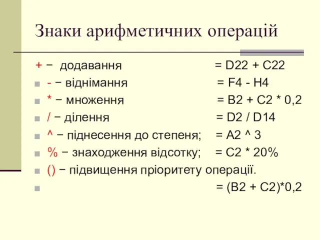 Знаки арифметичних операцій + − додавання = D22 + C22 - −