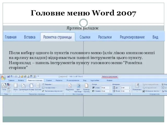 Головне меню Word 2007 Ярлики вкладок Після вибору одного із пунктів головного
