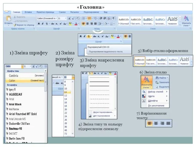 «Головна» 1) Зміна шрифту 2) Зміна розміру шрифту 3) Зміна накреслення шрифту