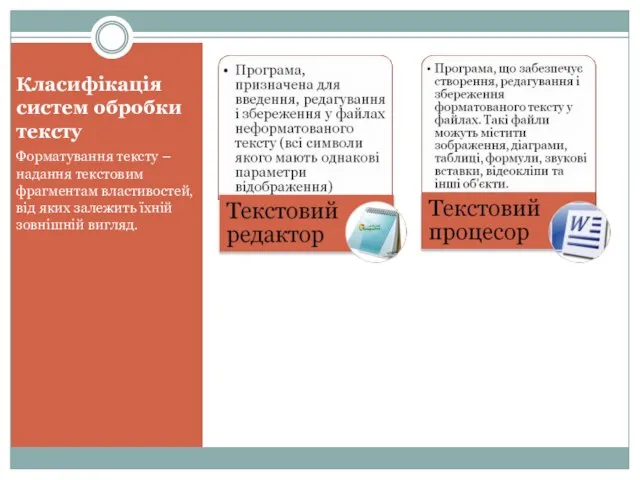 Класифікація систем обробки тексту Форматування тексту – надання текстовим фрагментам властивостей, від