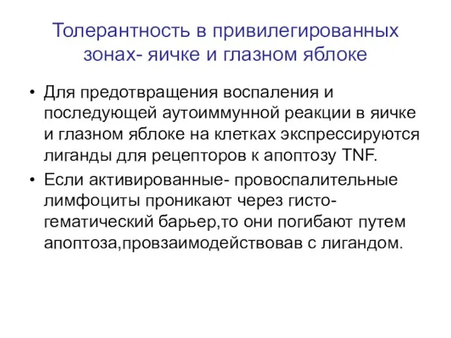 Толерантность в привилегированных зонах- яичке и глазном яблоке Для предотвращения воспаления и