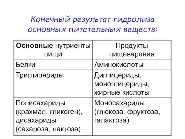 Конечный результат гидролиза основных питательных веществ: