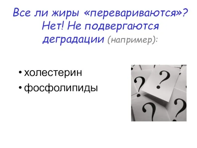 Все ли жиры «перевариваются»? Нет! Не подвергаются деградации (например): холестерин фосфолипиды