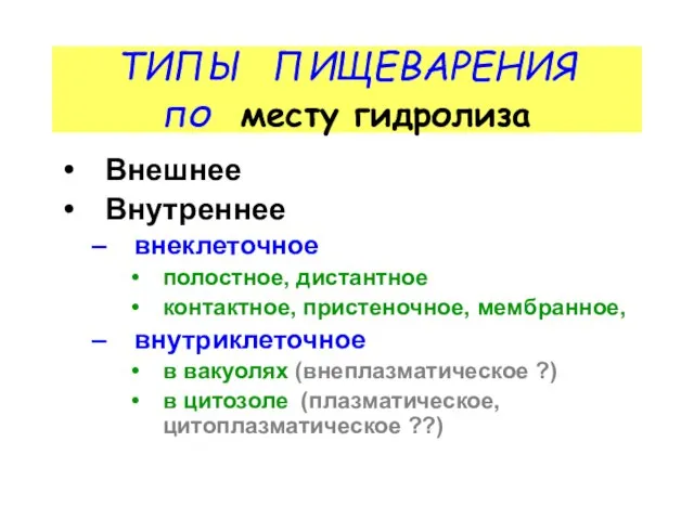 ТИПЫ ПИЩЕВАРЕНИЯ по месту гидролиза Внешнее Внутреннее внеклеточное полостное, дистантное контактное, пристеночное,