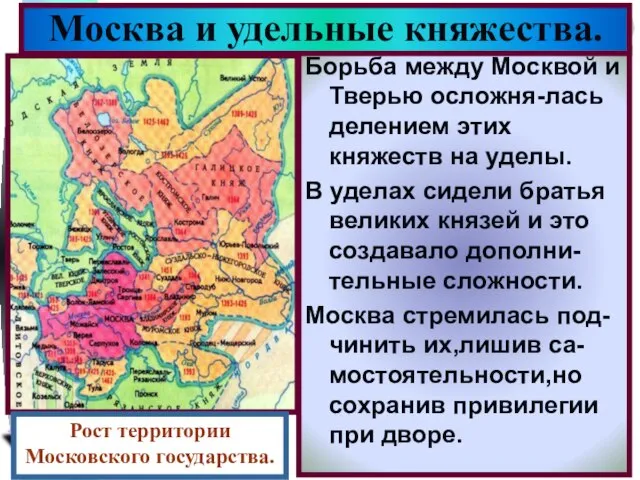 Борьба между Москвой и Тверью осложня-лась делением этих княжеств на уделы. В