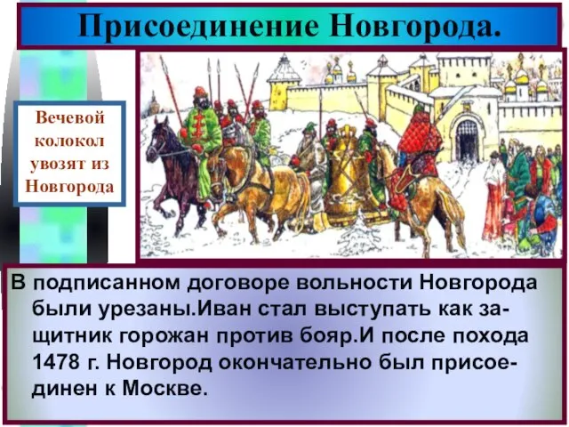 Присоединение Новгорода. В Новгороде население разделилось на сторон- ников и противников Москвы.Посадница