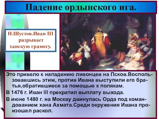 Это привело к нападению ливонцев на Псков.Восполь-зовавшись этим, против Ивана выступили его