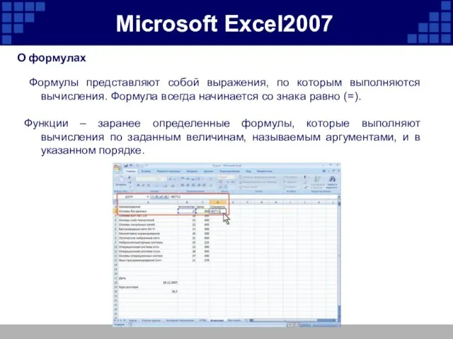 Microsoft Excel2007 О формулах Формулы представляют собой выражения, по которым выполняются вычисления.