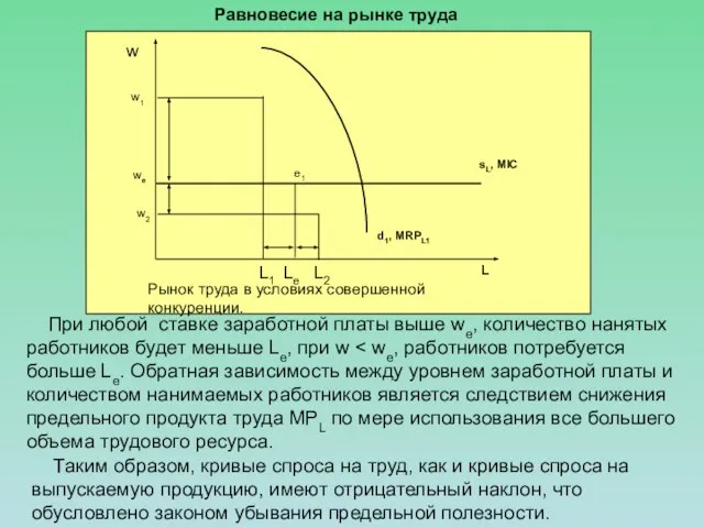 d1, MRPL1 e1 sL, MIC L Рынок труда в условиях совершенной конкуренции.