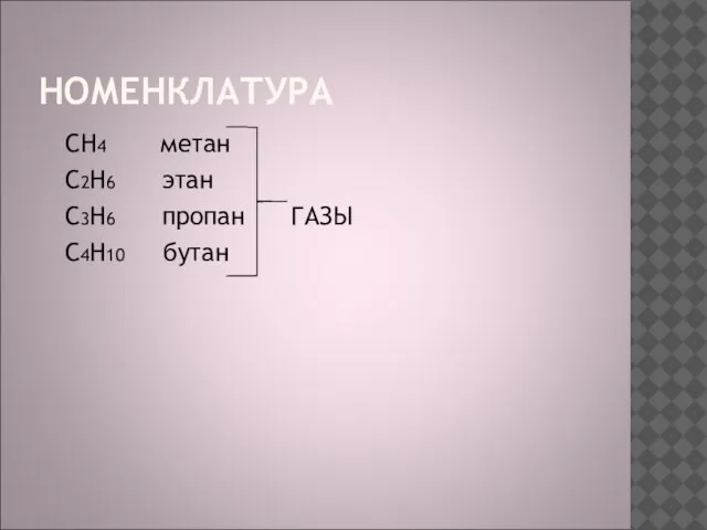 НОМЕНКЛАТУРА CH4 метан C2H6 этан C3H6 пропан ГАЗЫ C4H10 бутан