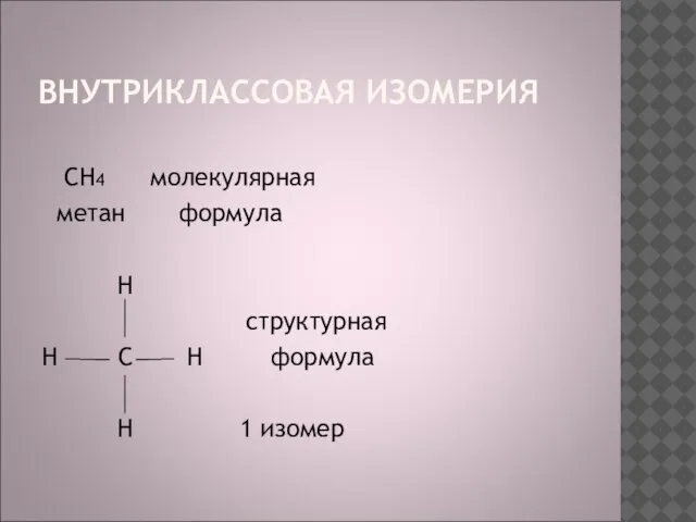 ВНУТРИКЛАССОВАЯ ИЗОМЕРИЯ CH4 молекулярная метан формула H структурная H C H формула H 1 изомер