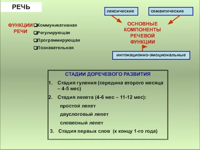 РЕЧЬ ФУНКЦИИ РЕЧИ Коммуникативная Регулирующая Программирующая Познавательная ОСНОВНЫЕ КОМПОНЕНТЫ РЕЧЕВОЙ ФУНКЦИИ лексические