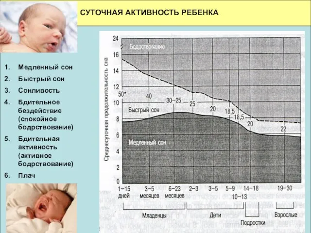 СУТОЧНАЯ АКТИВНОСТЬ РЕБЕНКА Медленный сон Быстрый сон Сонливость Бдительное бездействие (спокойное бодрствование)