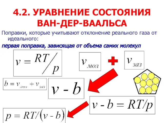 4.2. УРАВНЕНИЕ СОСТОЯНИЯ ВАН-ДЕР-ВААЛЬСА Поправки, которые учитывают отклонение реального газа от идеального: