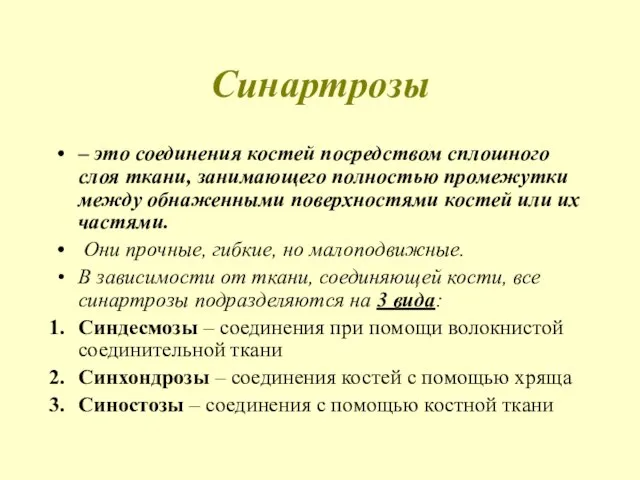 Синартрозы – это соединения костей посредством сплошного слоя ткани, занимающего полностью промежутки