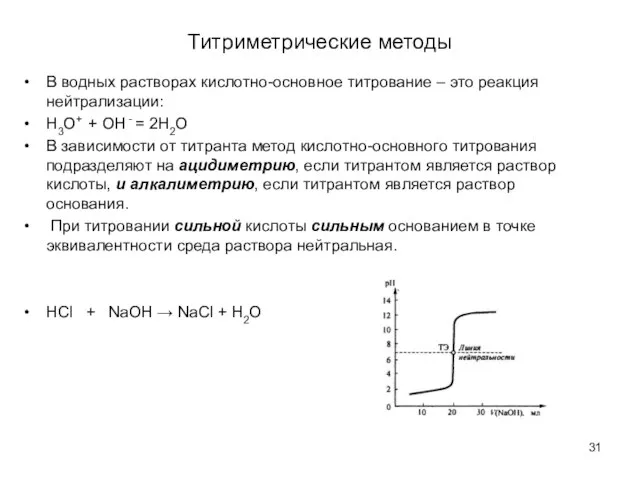 Титриметрические методы В водных растворах кислотно-основное титрование – это реакция нейтрализации: Н3O+