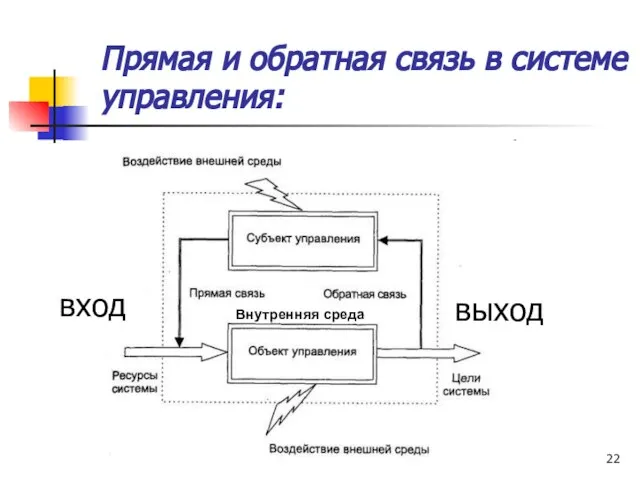 Прямая и обратная связь в системе управления: Внутренняя среда вход выход